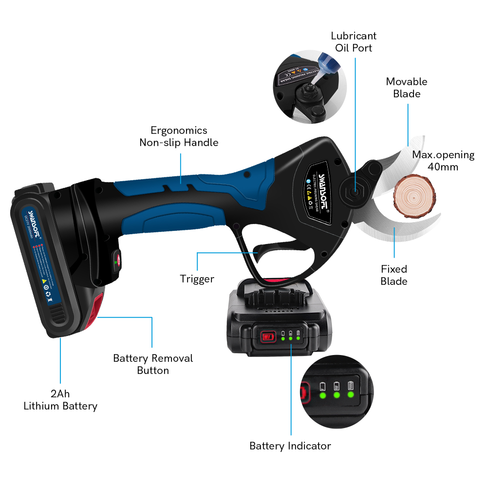 Power Tools Electrical - 電動剪定ばさみ 40MM ステンレス鋼刃 葡萄園のブドウの木 コードレス電動工具 21V